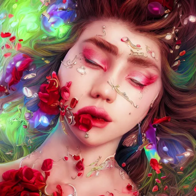 Image similar to studio portrait absurdly beautiful, elegant, lovely, young hypercolorful sensual gravure idol rubies red petals gems, ultrafine hyperrealistic detailed face illustration by kim jung gi, irakli nadar, intricate linework, sharp focus, bright colors, matte, octopath traveler, final fantasy, unreal engine highly rendered, global illumination, radiant light, intricate rainbow environment