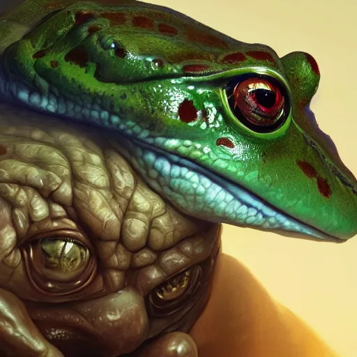 Image similar to a frog sitting on walter white's head, intricate, highly detailed, digital painting, artstation, concept art, smooth, sharp focus, illustration, unreal engine 5, 8 k, art by artgerm and greg rutkowski and alphonse mucha