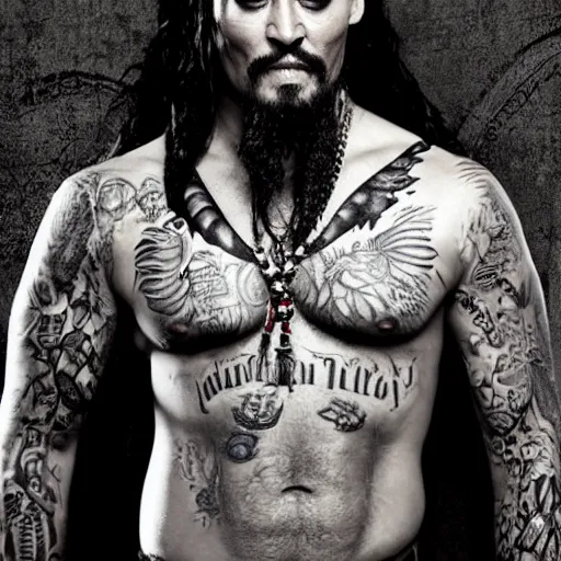 Image similar to portrait of johnny depp as khal drogo from games of thrones, mascular, broad shoulder, tattooed body, six packs, symmetrical, nikon 3 5 mm photography, ultrarealistic