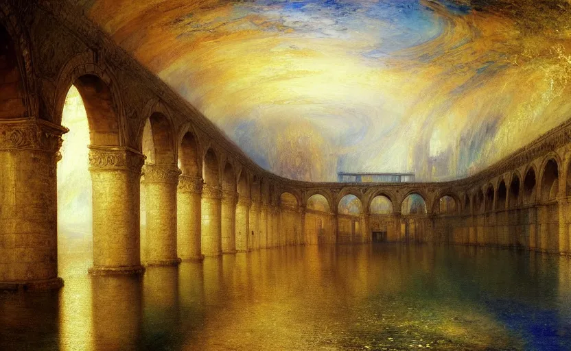 Image similar to tiled room squared waterway, aqueducts, fantasy. intricate. by artstation trending, by joseph mallord william turner, luis royo, konstantin razumov, cinematic lighting, fractal flame, highly detailed