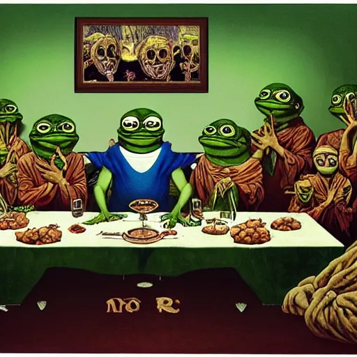 Image similar to pepe the frog eating at last supper with disciples, bitcoin and crypto graphs and charts in walls, cinematic horror by chris cunningham, junji ito, aleksandra waliszewska, richard corben, norman rockwell, highly detailed, vivid color, beksinski painting, part by adrian ghenie and gerhard richter. art by takato yamamoto. masterpiece