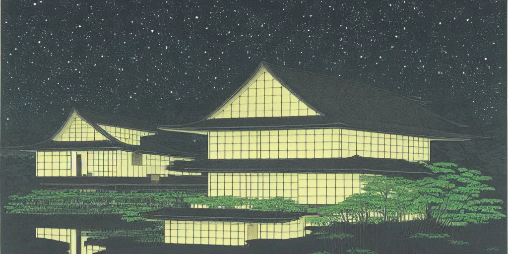 Image similar to painting by Hasui Kawase, atmospheric cozy futuristic organic white concrete house in the middle of a lush and dense forest at night, a beautiful lake next to it, night time, night sky, starry night sky, by Hasui Kawase