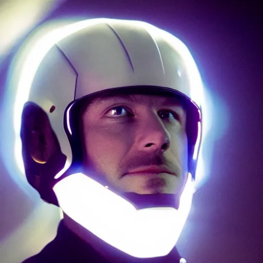 Prompt: movie still of a man with a glowing cyborg helmet, cinematic composition, cinematic light, by edgar wright and david lynch