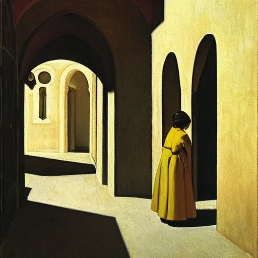 Image similar to in the distance, a little girl with short black hair and wearing a yellow coat alone in the inner courtyard of a cloister in an abbey, the light is bright and wintry, painting by hopper and de chirico