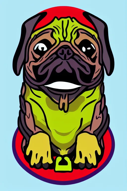 Image similar to Evil pug, the devil, sticker, blood thirsty, spawn of Satan, blood, evil, colorful, illustration, highly detailed, simple, smooth and clean vector curves, no jagged lines, vector art, smooth