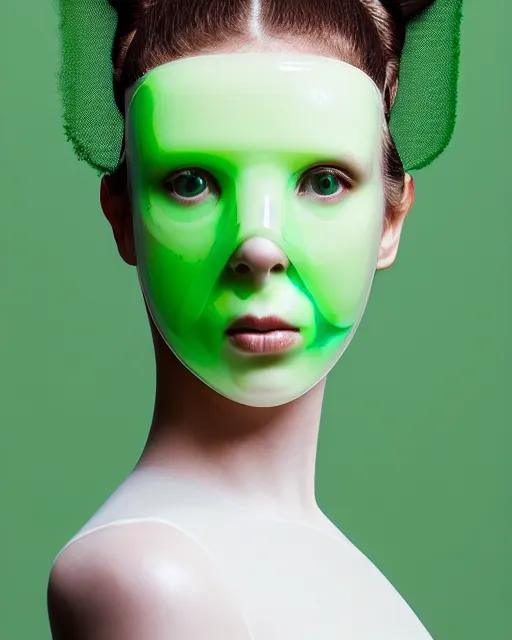 Image similar to symmetrical portrait of a woman wearing a green embroidered translucent silicone mask and white frizzy hair buns, wearing a black bodysuit by alexander mcqueen, cream white background, soft diffused light, biotechnology, humanoide robot, futuristic aesthetic, translucent, ethereal, intricate details, highly detailed, masterpiece,