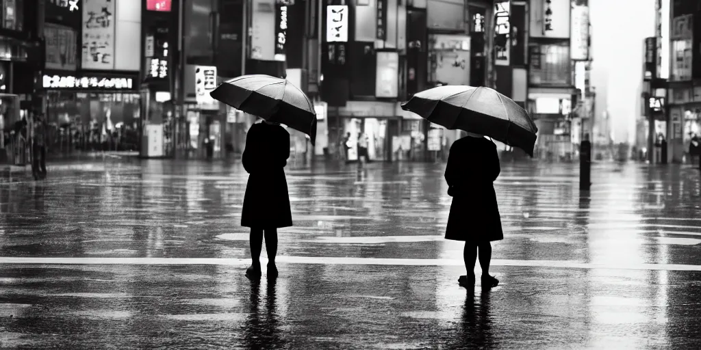 Image similar to A lonely woman with an umbrella waiting to cross Shibuyas crossing in Japan, back facing the camera, rainy afternoon, dramatic contrasting light