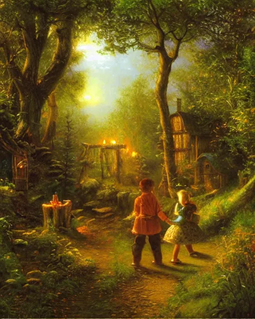 Image similar to an oil painting of hansel and gretel in the forest, by thomas kincade, ivan shiskin, and james gurney