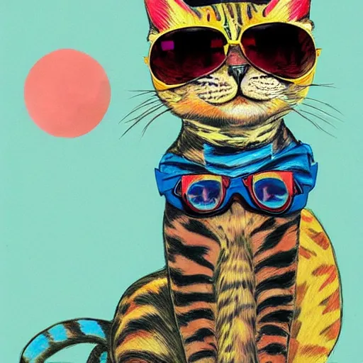 Prompt: portrait of a cat with sunglasses wearing an hawaiian shirt, by louis wain, simon stalenhag, trending on artstation