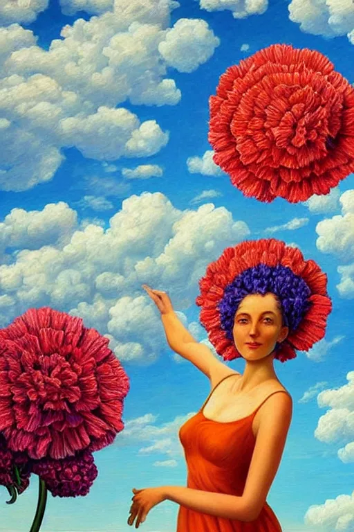 Image similar to closeup, giant carnation flower head, woman falling, surreal, clouds in sky, impressionist painting, digital painting, artstation, rob gonsalves