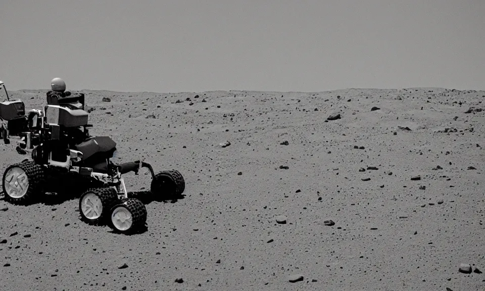 Prompt: 35mm film still, robot lawnmower on mars