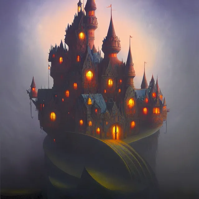 Prompt: a beautiful dark acrylic painting of a dark fantasy castle by Raja Ravi Varma and Gediminas Pranckevicius, trending on ArtStation.