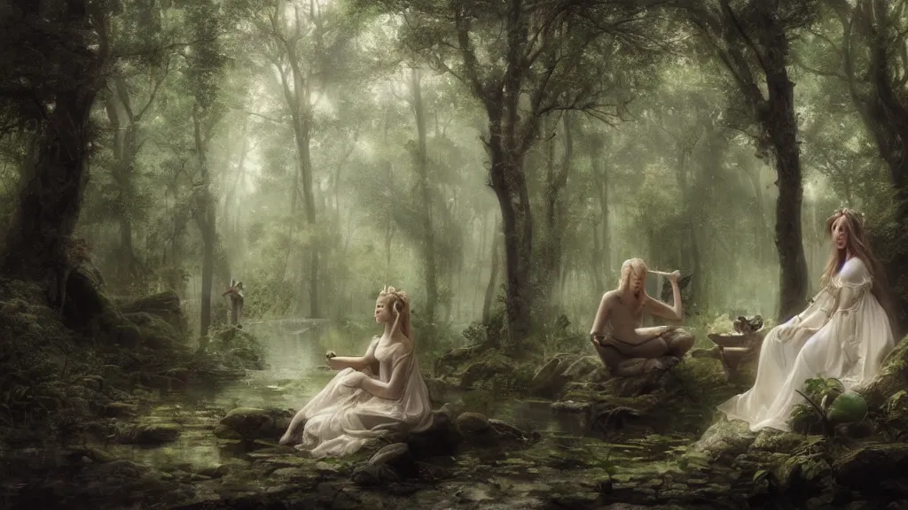 Image similar to elven princess sitting with the monkey god in the melancholy forest. andreas achenbach, artgerm, mikko lagerstedt, zack snyder, tokujin yoshioka