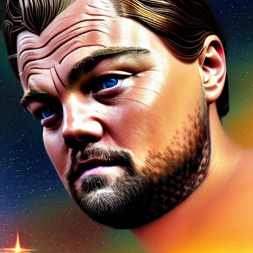 Prompt: centered detailed portrait of a majestic leonardo dicaprio in don't look up, sci - fi, futuristic, details, intricate, octane render, redshift, smooth, illustration, fairy lighting, stars and planets in the background, hyperrealistic, by dmitry prozorov, loish, and wlop, trending on artstation, hyperdetailed, hyperrealism