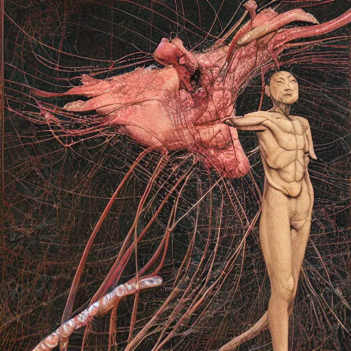 Image similar to realistic detailed photo rendered in octane 3d , human mosquito with Weird Dreams, mysticism, by Herman Serrano, late 80's, by Amano, Francis Bacon , by H.R. Giger, Elizabeth Erickson, Kenny Schar, Robert Colescott painting, art by Takato Yamamoto. smooth shading, ultra detailed, high resolution, masterpiece. rendered in blender, ultra realistic, cinematic, unreal 6