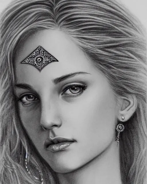 Image similar to pencil drawing of beautiful greek goddess aphrodite with arrowhead jewelry, beautiful piercing eyes, beautiful blonde hair flying in the wind, hyper realistic face, in the style of greg rutkowski, fantasy, amazing detail, epic, elegant, smooth, sharp focus, from the front