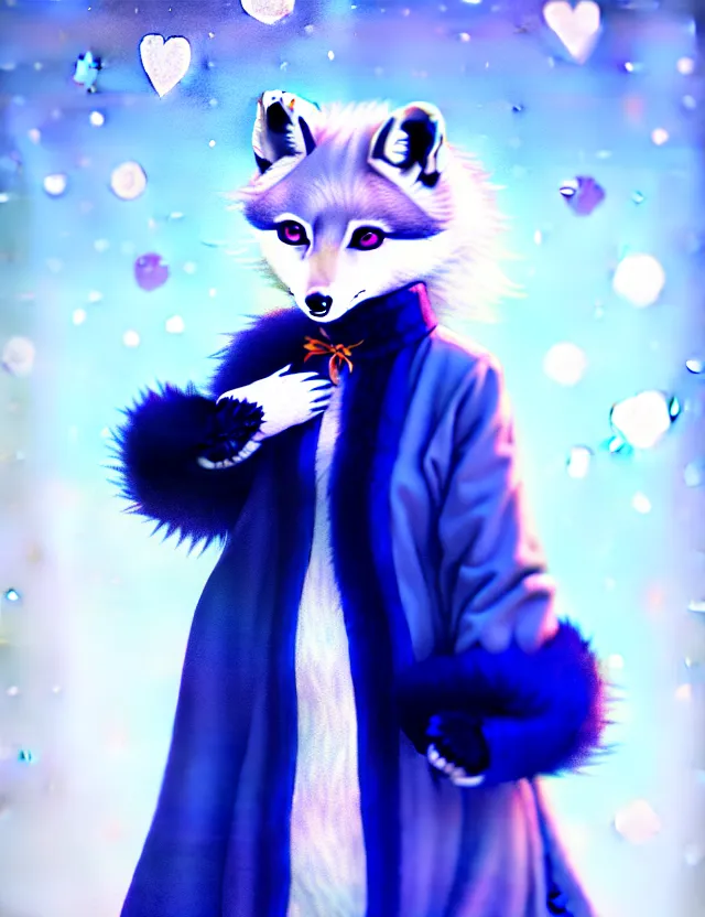 Image similar to a cute anthropomorphic arctic fox girl anthro wearing indigo ribbons and a fluffy robe, winter park background, intricate details, aesthetically complementary colors, scenic background, real life fursona photography. trending on artstation, top rated on pixiv and furaffinity