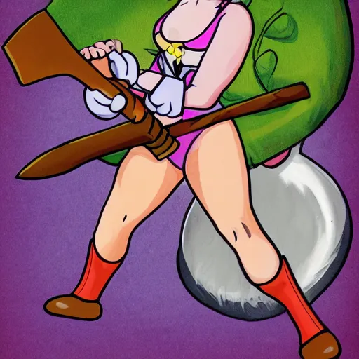 Prompt: a rabbit girl with a giant axe in the style of Don Bluth