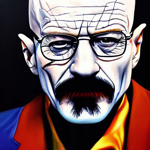 Image similar to walter white wearing the joker suit, dripping painting