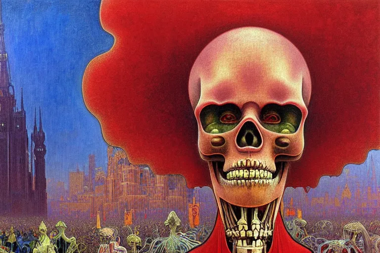 Image similar to realistic detailed closeup portrait painting of a single skeleton wearing red velvet blazer in a crowded futuristic moscow street by Jean Delville, Amano, Yves Tanguy, Alphonse Mucha, Ernst Haeckel, Edward Robert Hughes, Roger Dean, rich moody colours, blue eyes