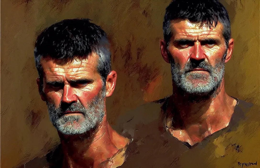 Image similar to portrait of roy keane!!!!!!!!!!!!!!!!!!!!!!!!!!!, detailed face, detailed painting, epic lighting, by ilya repin, phil hale and kent williams