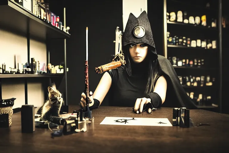Image similar to close up photo, dramatic lighting, concentration, calm confident cyberpunk teen witch and her cat, tarot cards displayed on the table in front of her, sage smoke, magic wand, a witch hat and cape, apothecary shelves in the background, by yoji shinkawa, black and white