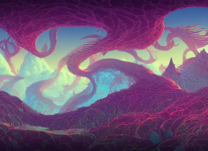 Prompt: psychedelic art of a landscape made of dragons, thousands of dragons, detailed, cel shaded, by makoto shinkai and moebius and anton fadeev and james gurney