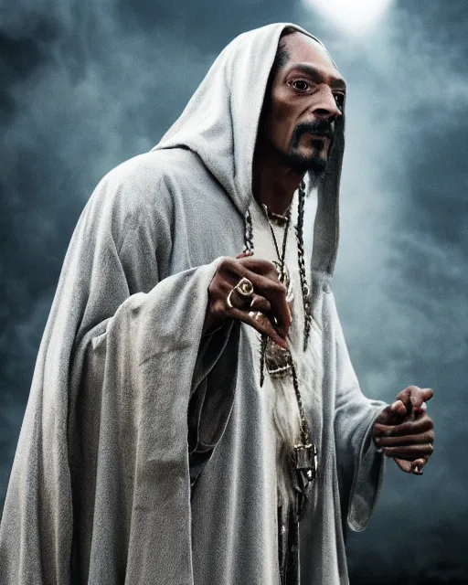 Image similar to Snoop Dogg in the role of Gandalf the Grey fight the Balrog, film still, amazing short, 8K, IMAX, ultra detailed, lord of the ring