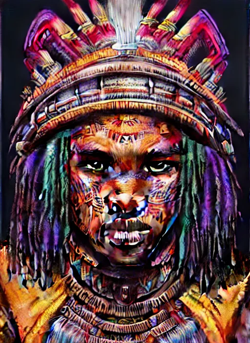 Prompt: portrait of jessie usher, hyper detailed ultra sharp aztec shaman warrior. trending on artstation, warpaint aesthetic, bloodwave, colorful, psychedelic, ornate, intricate, digital painting, concept art, smooth, sharp focus, illustration, art by artgerm and greg rutkowski and h. r. giger, 8 k
