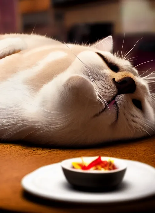 Image similar to photograph of a fat cat lying on a restaurant table 4k, high details, trending on Artstation