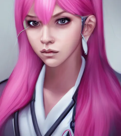 Image similar to portrait of pink haired woman in nurse uniform wearing an eyepatch, trending on artstation