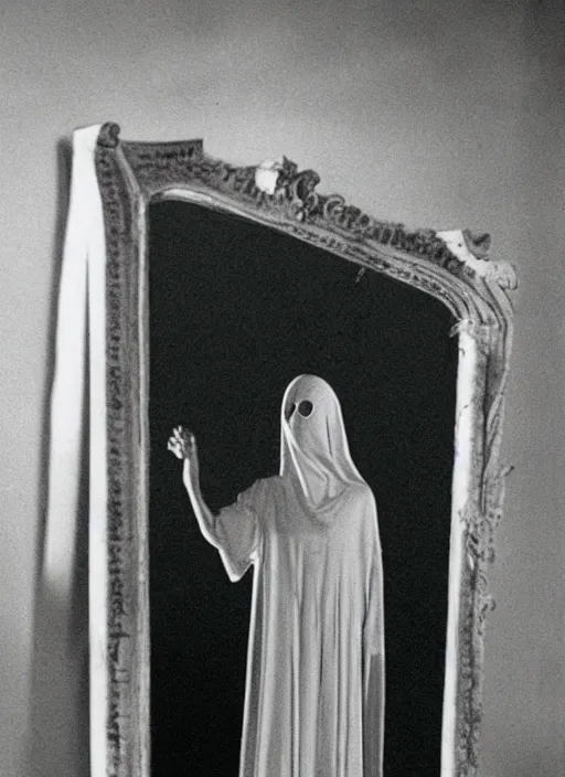 Prompt: film still of the ghost bloody mary in a mirror