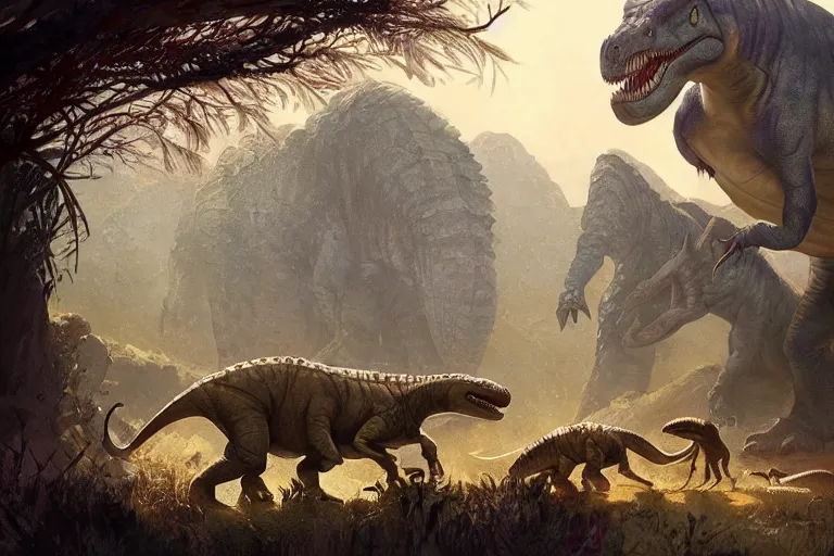 Image similar to barney the dinosaur in a prehistoric landscape, surrounded by larger predatory dinosaurs, tyrannosaurus, danger, fantasy art, greg rutkowski, concept art, highly detailed, artstation, artgerm, behance, cgsociety, natural history