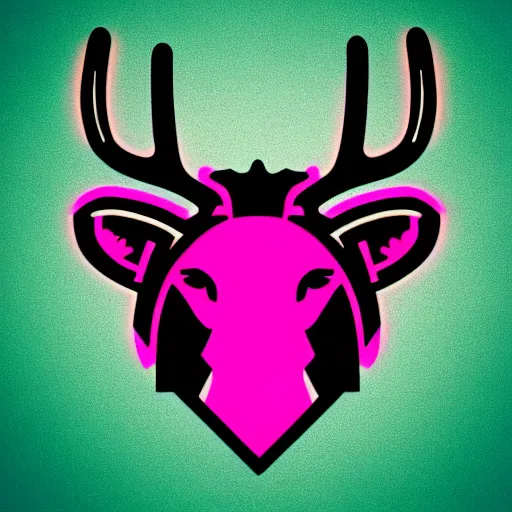 Image similar to logo for corporation that involves deer head, symmetrical, retro pink synthwave style, retro sci fi