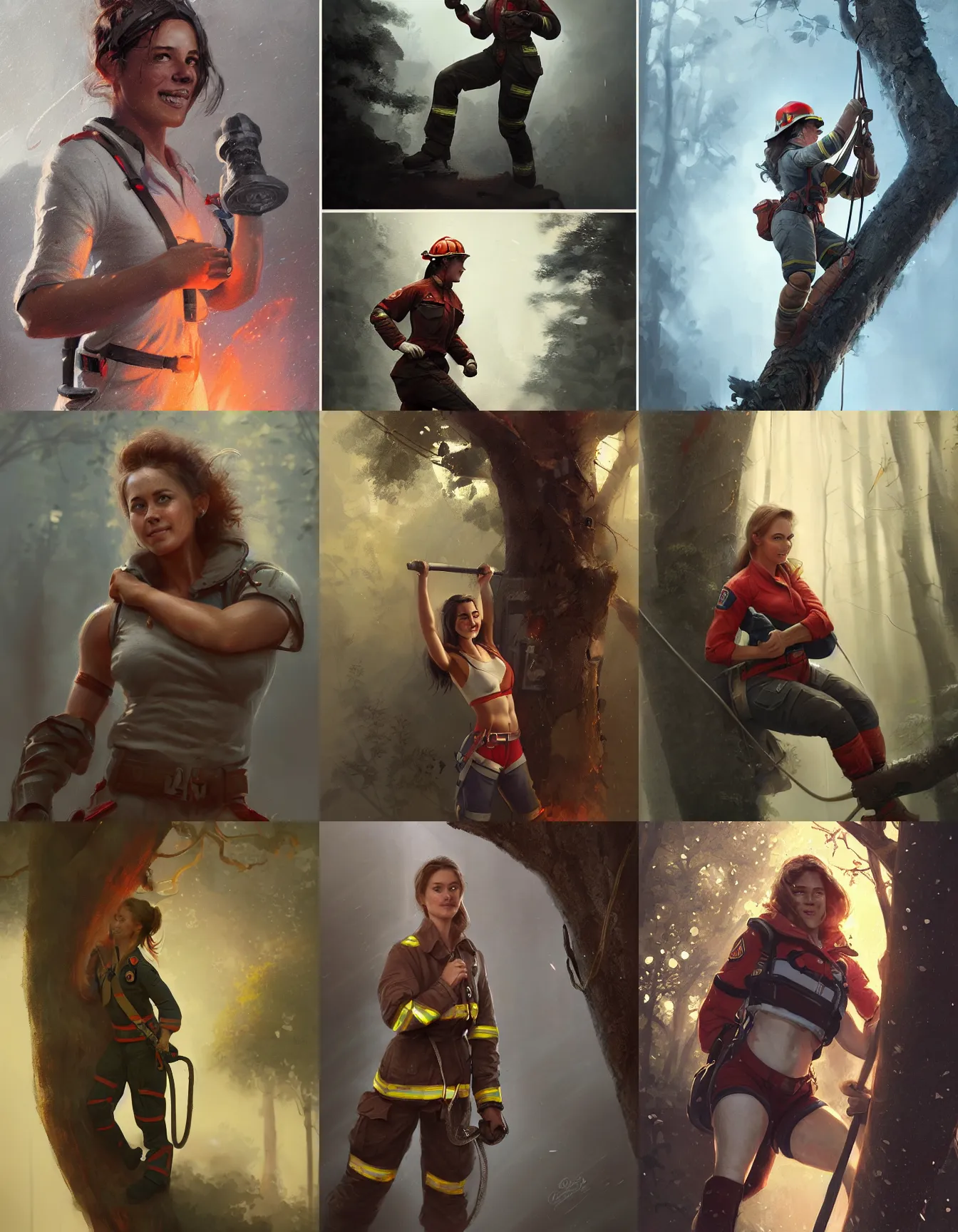 Prompt: young female firefighter, strong, muscular, smiling, rescuing a man from a tree, digital portrait by greg rutkowski, intricate, soft focus, highly detailed, cinematic, epic, artstation