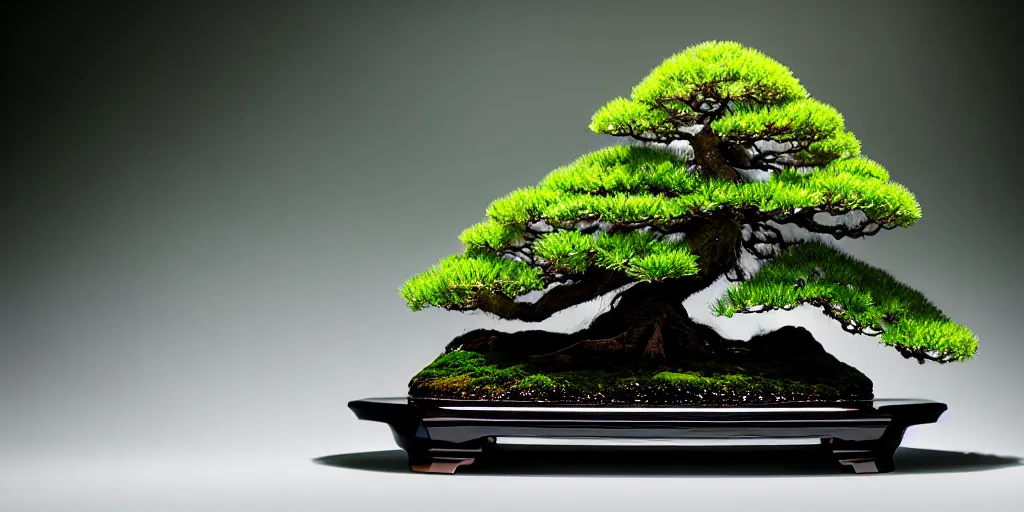 Prompt: photo bonsai cedar on a small angular precious emerald in the water, gold hour, soft lighting, light fog, medium full shot, volumetric lighting, beautiful, ultra detailed, cgsociety by leesha hannigan, thierry doizon, 3 5 mm, fujifilm, cinematic, realistic