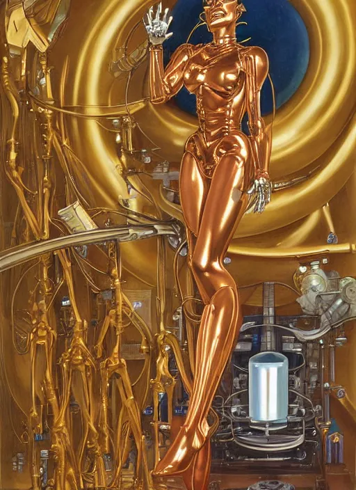 Image similar to Robotic beautiful oracle woman in silk golden robes posing in front of a science facility painted by Hajime Sorayama and Alberto Vargas, robotic bones , moebius, giger, mucha , tarot, dramatic lighting