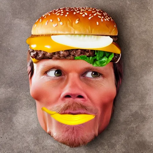 Image similar to kevin bacon face wrapped inside a cheeseburger