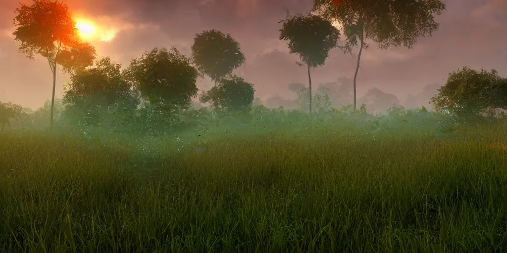 Image similar to lush green vegetation covered in spiderweb, ground - level view, puddles of water, stunning volumetric lighting, sunset, trending on artstation, 8 k, photorealistic, hyper detailed, unreal engine 5, cinematic, epic lighting, cryengine, octane render, cyberpunk, red and orange glow, dark, gloomy