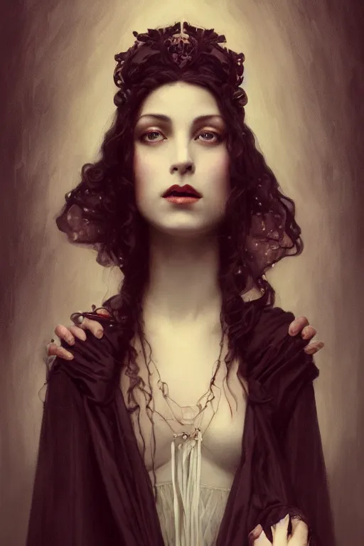 Prompt: a portrait of elegant beautiful dark bohemian vampire woman, bored, illustration, dramatic lighting, soft details, painting oil on canvas, art nouveau, octane render, HDR, 4k, 8k, HD, by Edmund Blair Leighton, Brom, Charlie Bowater, trending on artstation, faces by Tom Bagshaw, Sargent