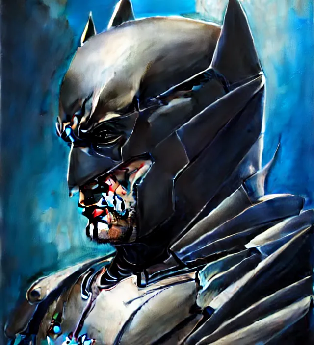 Prompt: a portrait of batman wearing metal futuristic armor standing by karol bak, raf grassetti, bisley, james jean, tom bagshaw, rococo, sharp focus, trending on artstation, cinematic lighting, hyper realism, octane render, 8 k, hyper detailed, vivid, ultra detailed, highly detailed