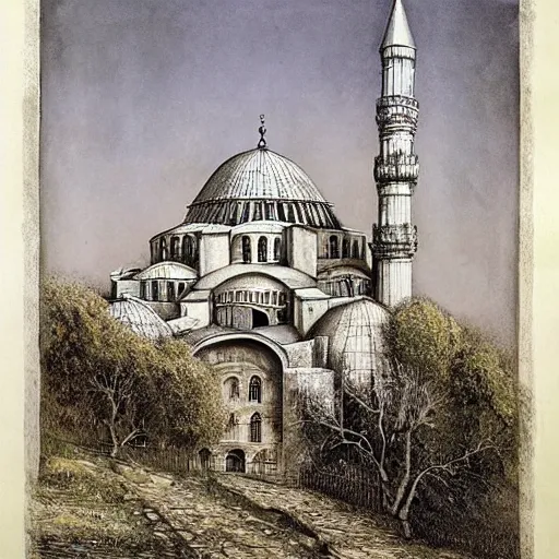 Image similar to Hagia Sofia pyramid fortress in a rustic seaside village, Tim Burton, Alan Lee