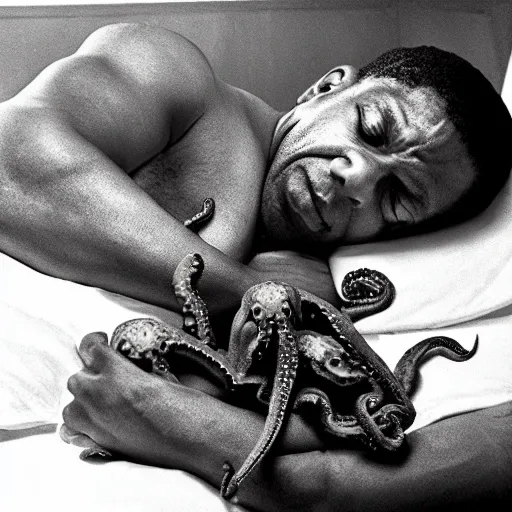 Image similar to john coltrane snuggling an octopus in bed