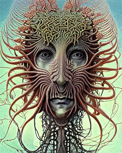 Image similar to realistic detailed underwater face portrait of the beautiful young god of the fish of the fractal waters with an intricate headgear of corals, sea kelp, sea plants, fish, starfish, jellyfish, art by ernst haeckel, zdzisław beksinski, hieronymus bosch, gothic, neo - gothic, ornamental, beautiful deep colours,