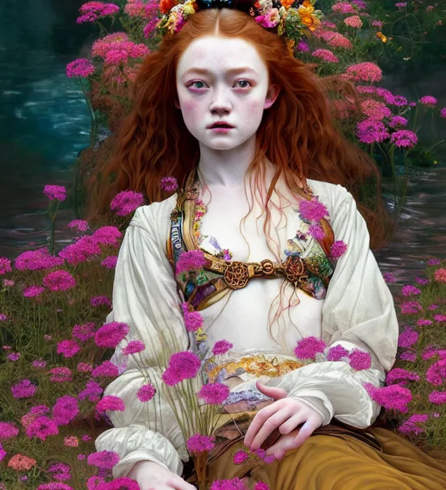 Image similar to sadie sink baroque portrait of one steampunk bohemian geisha woman of porceline skin lying down in a river made of thousand of flowers, cinematic lighting, photorealistic, octane render, 8 k, depth of field, art by artgerm and greg rutkowski and alphonse mucha and uang guangjian