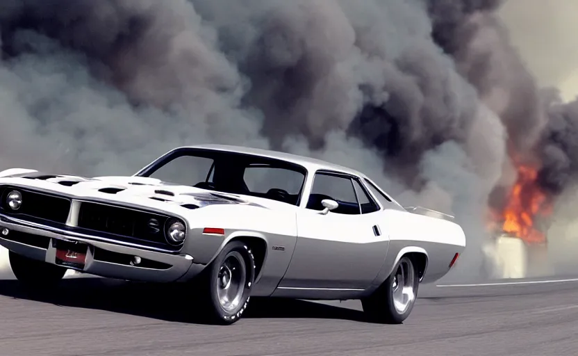 Image similar to a silver 1 9 7 0 plymouth ‘ cuda hemi super track pack driving on a freeway. fire explosion in the background, action scen. realistic. high resolution. dramatic