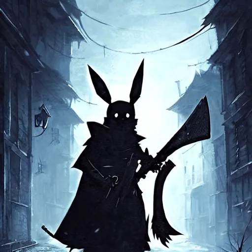 Prompt: pikachu in a back alley wielding a machete and a blunderbuss, art by greg rutkowski, in the style of bloodborne and pokemon, intricate, elegant, highly detailed, smooth, sharp focus, artstation