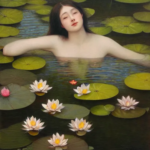 Image similar to a painting of a woman floating in a pond of water lillies, a photorealistic painting by liu jun, cgsociety, pre - raphaelitism, pre - raphaelite, deviantart, made of flowers