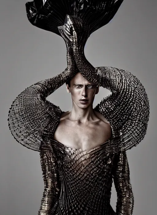 Image similar to a beautiful male dancer wearing iris van herpen couture, photographed by erwin olaf for vogue