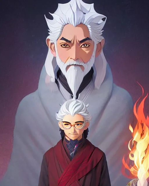 Image similar to himalayan mage with silver hair, detailed perfect face, exquisite details, fire magic, mid view, design on a white background, by studio muti, greg rutkowski makoto shinkai takashi takeuchi studio ghibli